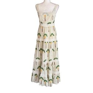 NWT Calypso St. Barth Palm Tree Print Crochet Lace Tiered Maxi Dress - XS